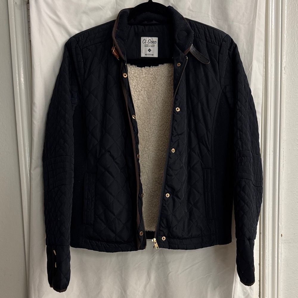 Navy Blue Quilted Jacket with Shearling Lining